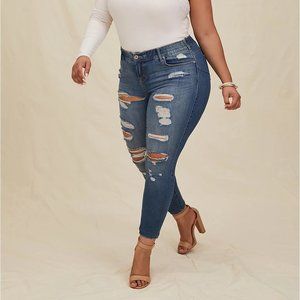 Distressed High Rise Medium Wash Skinny Jeans